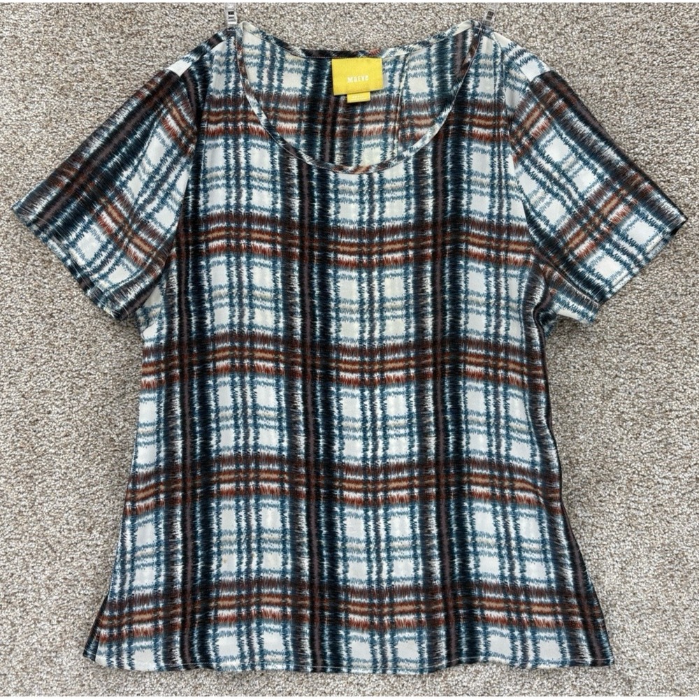 Anthropologie Maeve Top‎ Womens Small Blue Brown Draper Plaid Tulip Wrap Back